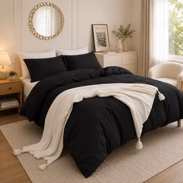 Grace Prewashed Microfibre Duvet Cover Set in Black, King Size