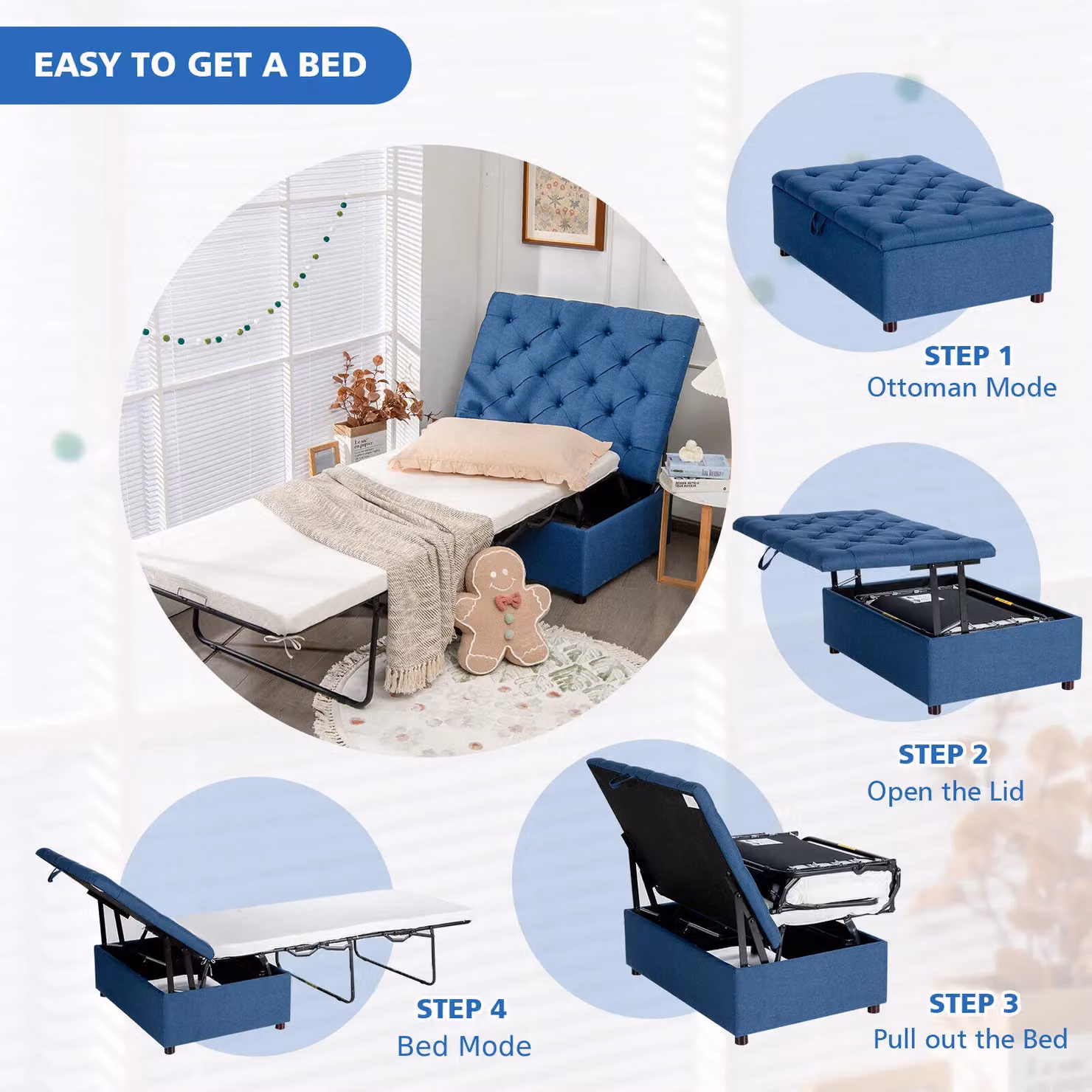 Gymax Convertible Sofa Bed Folding Ottoman Sleeper in Blue – 4