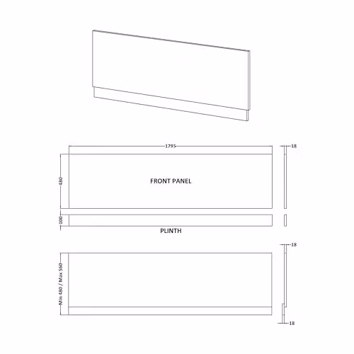 Balterley Woodgrain Black Bath Panel with Plinth, W: 179.5 cm, H: 56.0 cm, D: 18.8 cm