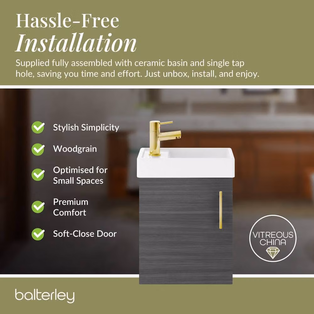 Balterley Wall Mounted Vanity Basin in Anthracite Grey with Brushed Brass Handle, W: 40 cm, H: 73.5 cm – 5