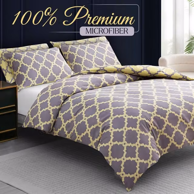 Pamposh Premium Microfibre Breathable Reversible Duvet Cover Set in Grey and Yellow, Striped Design, King Size, Duvet Cover 140 x 200 cm and 2 Pillowcases 50 x 75 cm