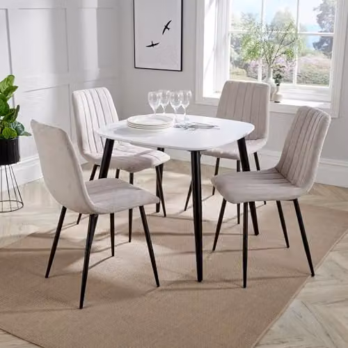 Core Products Aspen Casual Dining Set with Square White Wood Table and Four Upholstered Chairs in Natural and Black
