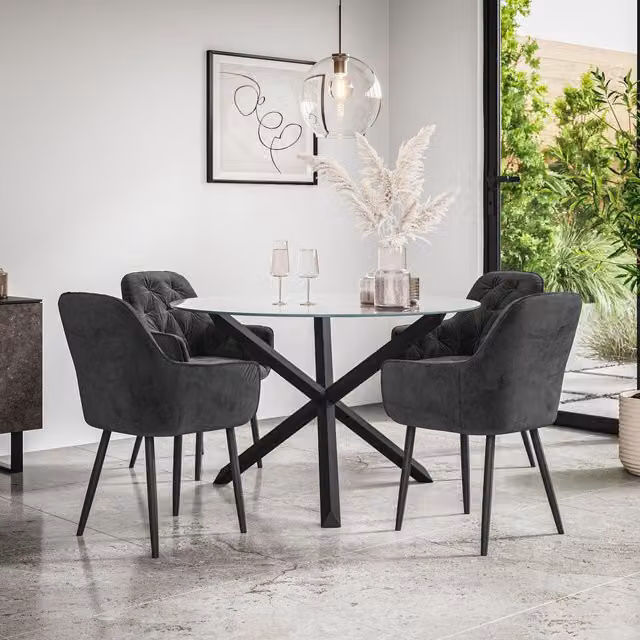 More4Homes Malvern Round Dining Table and Anika Velvet Chair Set, Clear Glass Top with Black Oak Legs and 4 Chairs