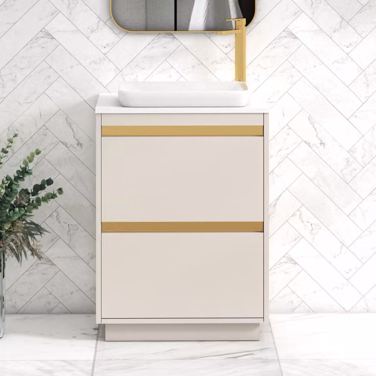 Royal Bathrooms Orion 2 Drawer Floor Standing Vanity Unit in Warm Taupe with Plain White Stone Countertop Basin and Brushed Brass Accents
