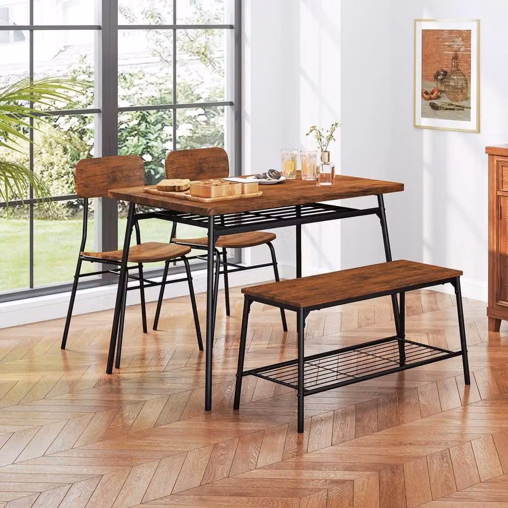 Kelvenix Industrial Dining Table Set with Bench and Chairs for 4 Adults in Brown – 3