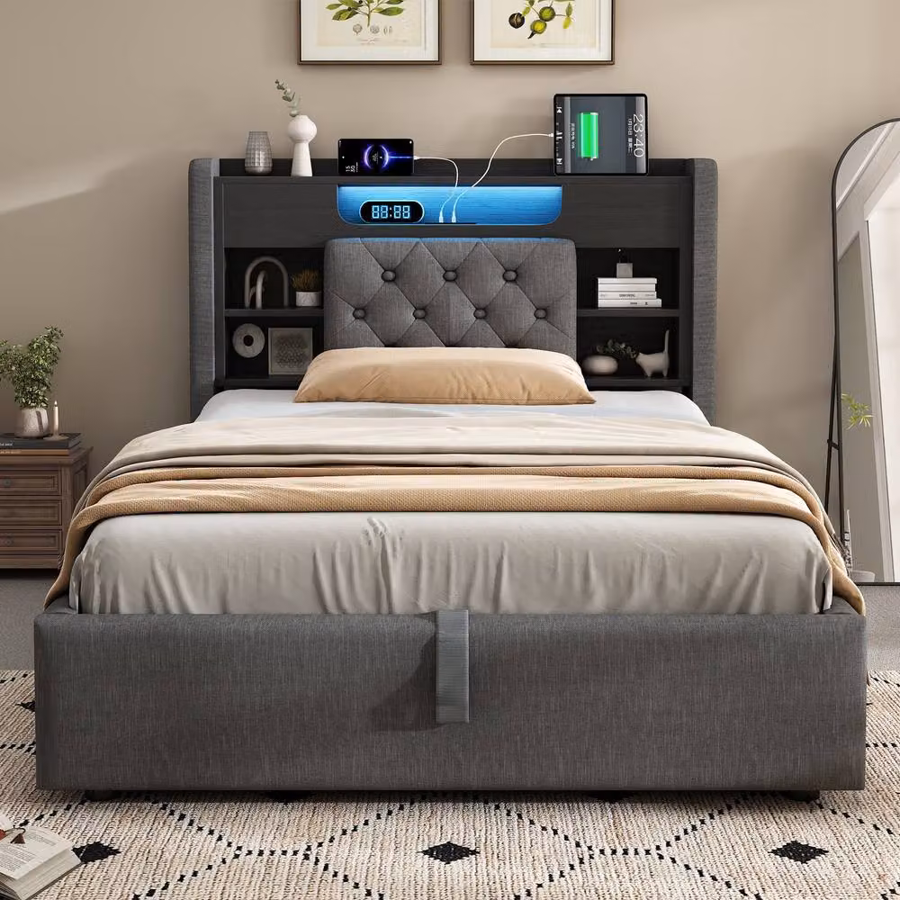 Matteo Upholstered Double Bed Frame in Grey with Hydraulic Storage, LED Lighting and USB Charging Port – 5