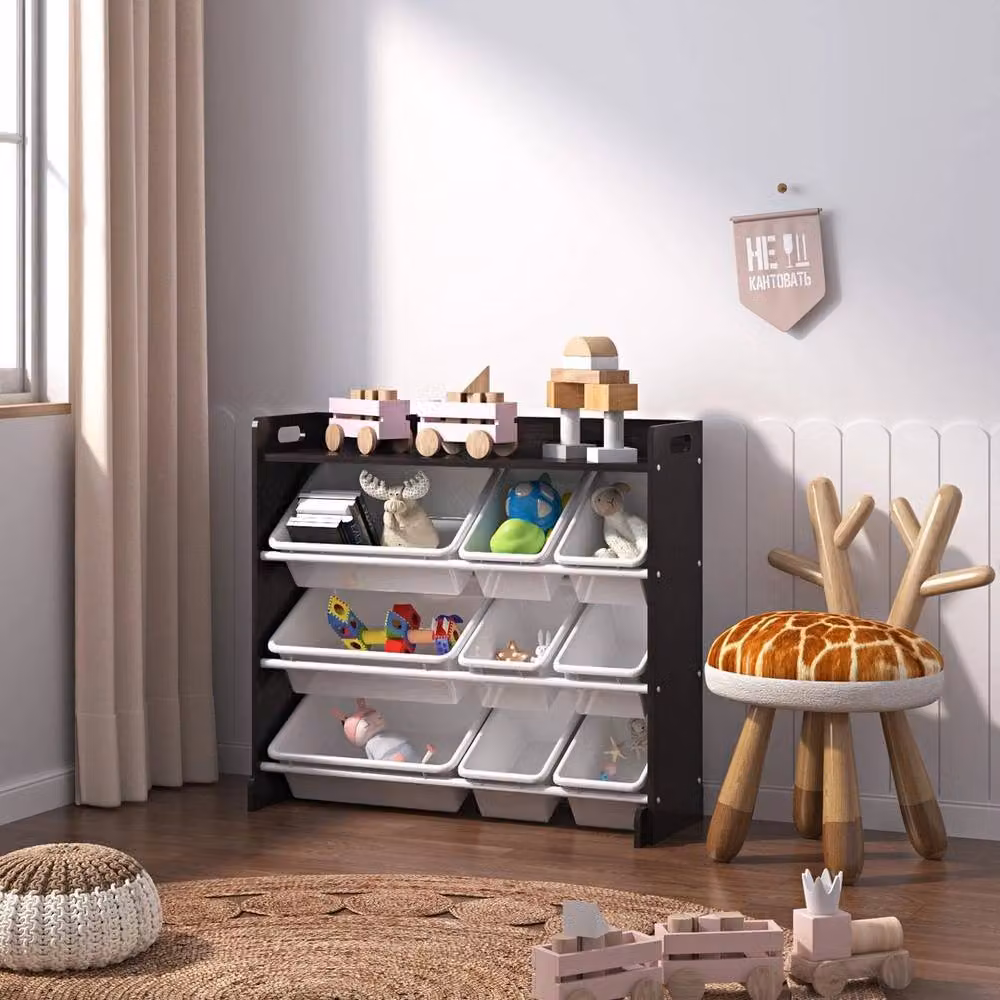 FORGEVIO Toy Box with 4 Tiers and 9 Cubes, Black Wood with White Bins and Removable Lid – 2