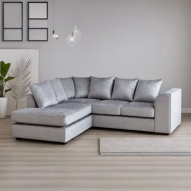 Furnishings For Less UK Crystal Crushed Velvet 3 to 4 Seater L Shaped Corner Sofa, Left Hand Facing, Silver – 1