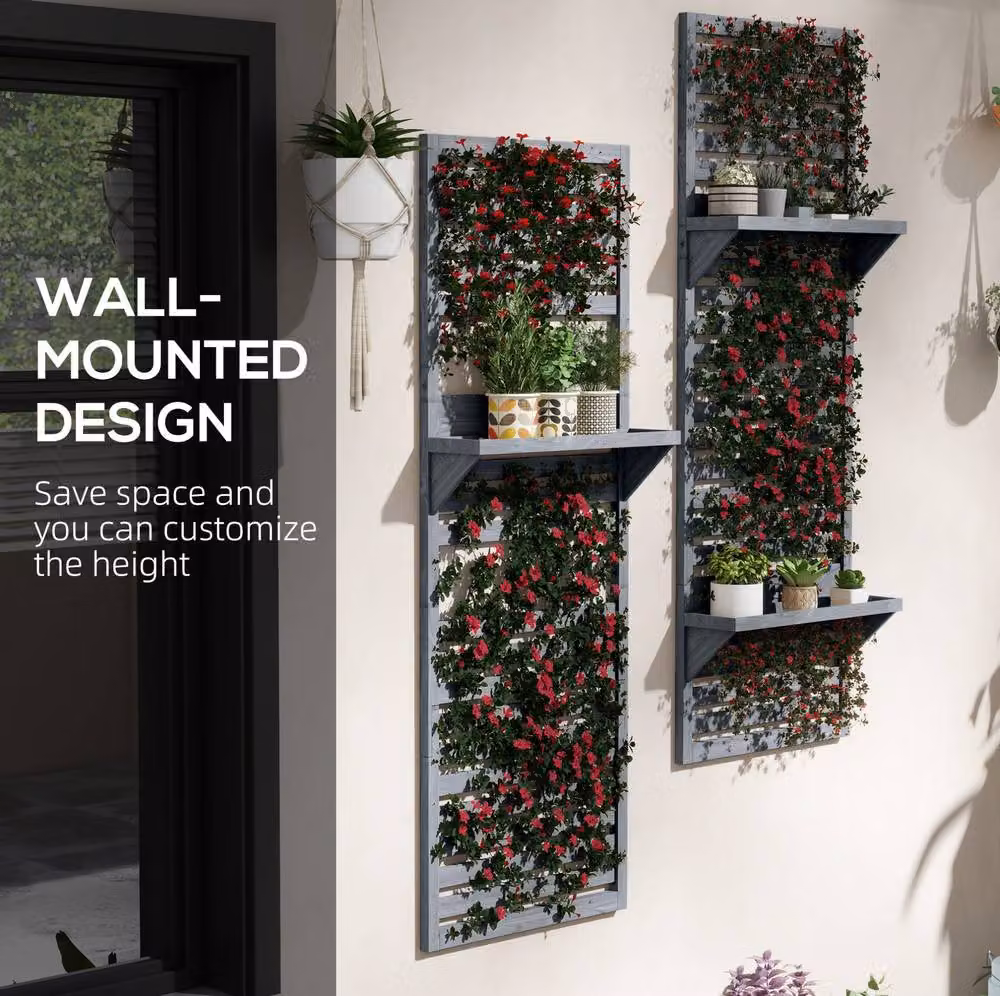 STILVORA Set of 2 Wall-Mounted Grey Wood Plant Stands with Adjustable Shelves and Trellis, H 170 x W 60 x D 18 cm – 5