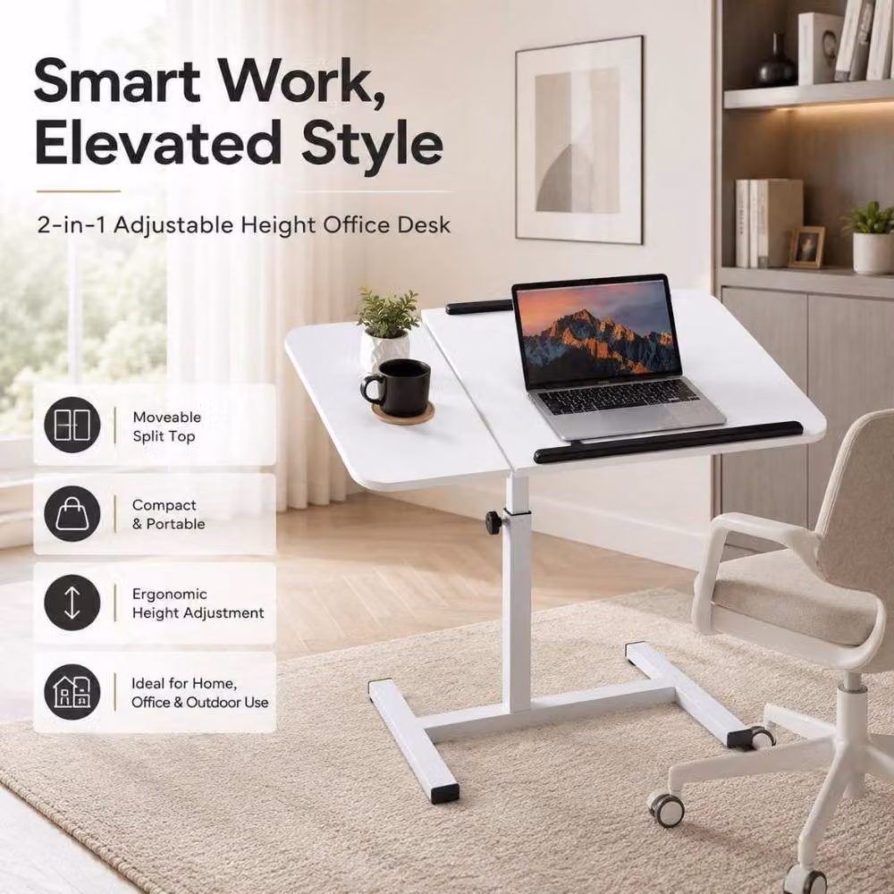 MANTRARAJ Adjustable Height Office Desk with Moveable Top and Castors, White – 3