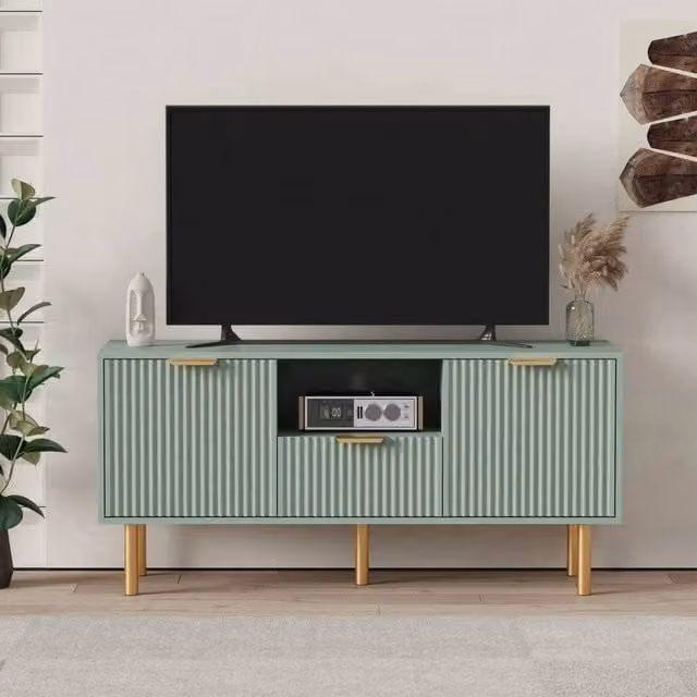 FORGEVIO Modern Media Console TV Stand with 2 Doors and 1 Drawer in Green and Gold, W/D/H: 120 x 40 x 58 cm
