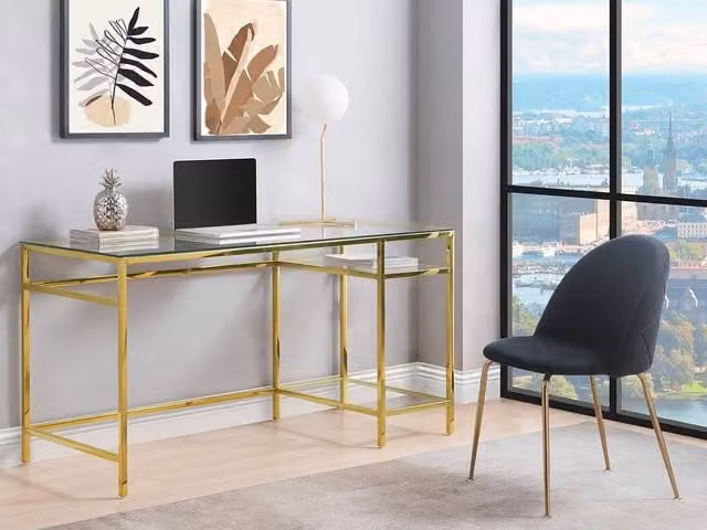 Vente-unique TIZIO 2-Shelf Writing Desk with Gold Metal Frame and Transparent Tempered Glass, W/D/H: 140 x 60 x 75 cm – 1