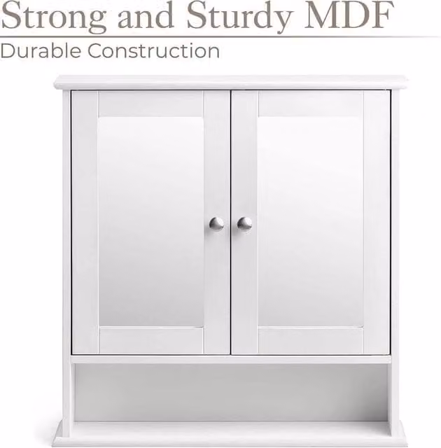 PAWNORA Modern White Wall Mounted Double Mirror Bathroom Cabinet with Glass Doors