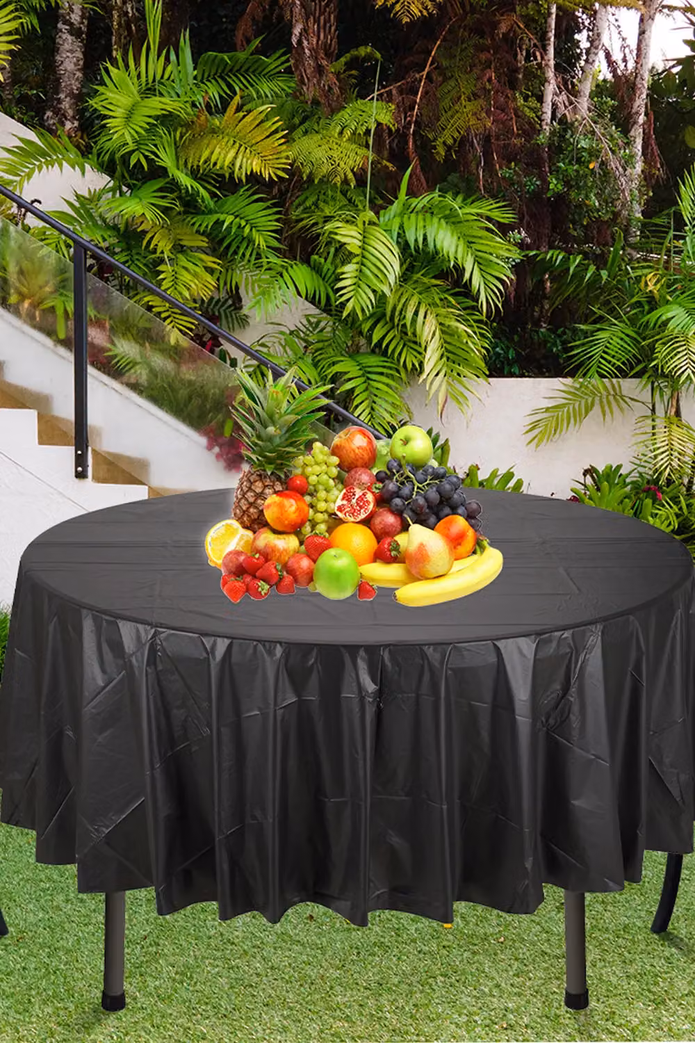 Neel Blue 84 inch Round PVC Disposable Plastic Tablecloth in Black and Blue – 4