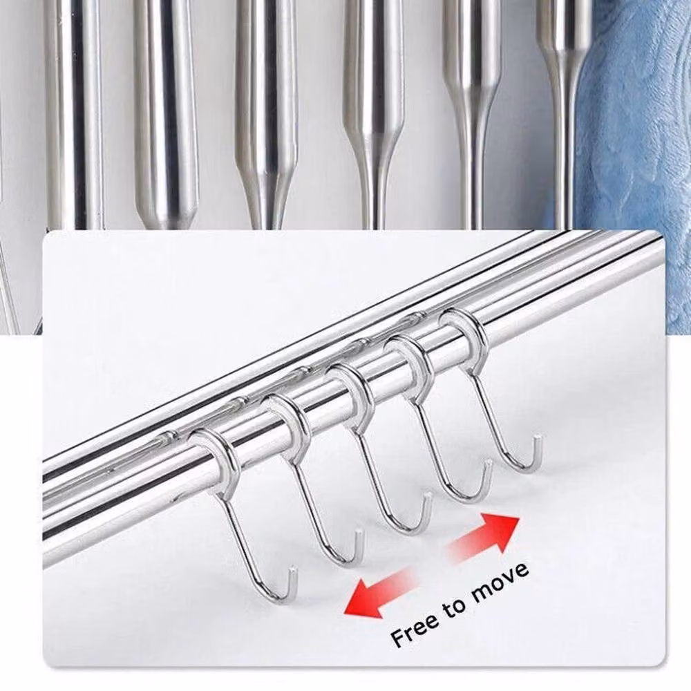 EONLION Wall Mounted Kitchen Utensils Rack with Double Rods and 8 Hooks, Silver, W: 100 cm – 2
