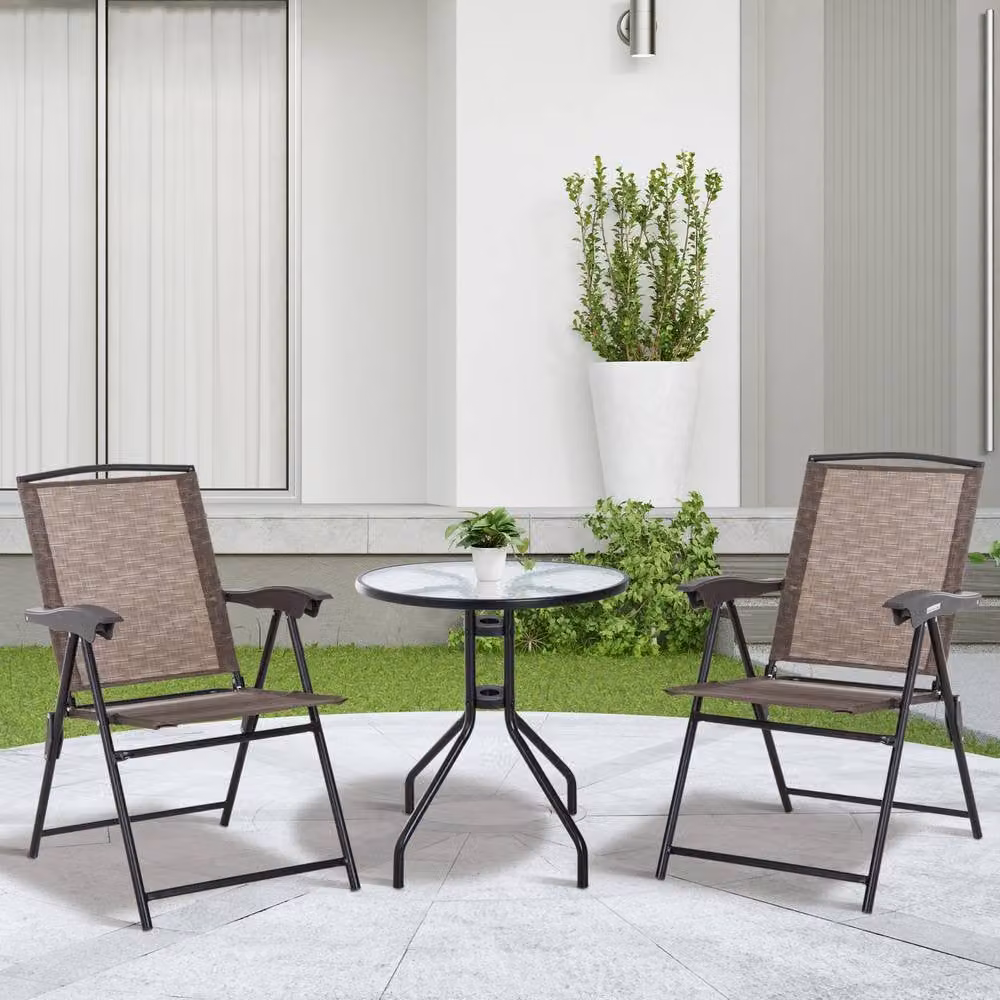 ERGOVEXA 3 Piece Brown Outdoor Bistro Set with Round Glass Top and Powder Coated Steel Frame – 4