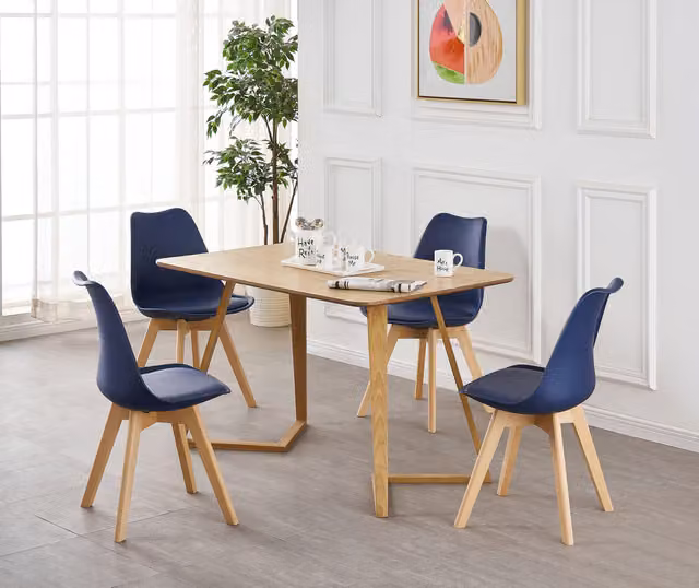 Life Interiors Lorenzo Dallas Scandinavian Dining Set with Rectangular Birch Wood Table and 4 Blue Chairs