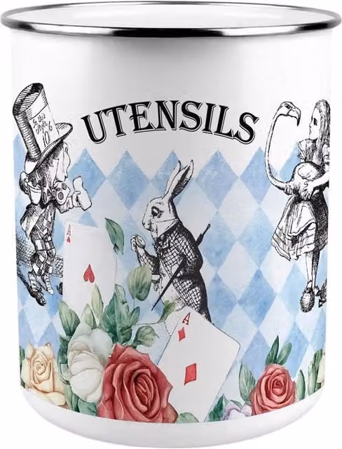 Purely Home Alice's Adventures in Wonderland Freestanding Metal Kitchen Utensil Holder, Multicoloured and White