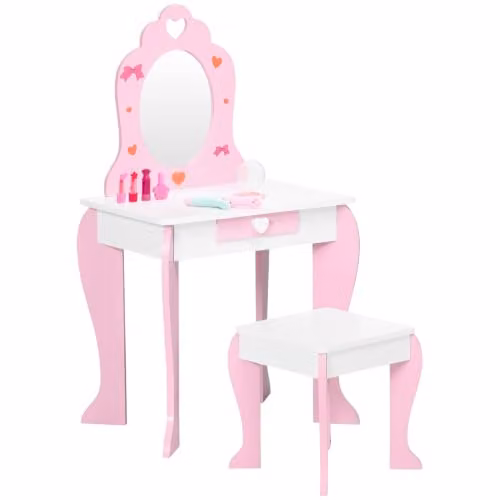 ZONEKIZ Kids Dressing Table with Mirror and Stool in Pink for Ages 3-6 Years – 1