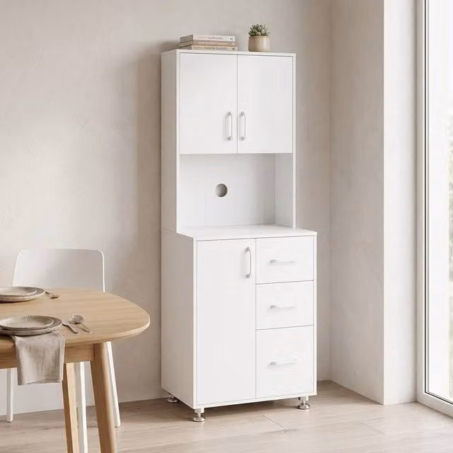 STILVORA Modern White Wall Mounted Storage Cupboard with 2 Hinged Doors, 3 Drawers and Open Shelf