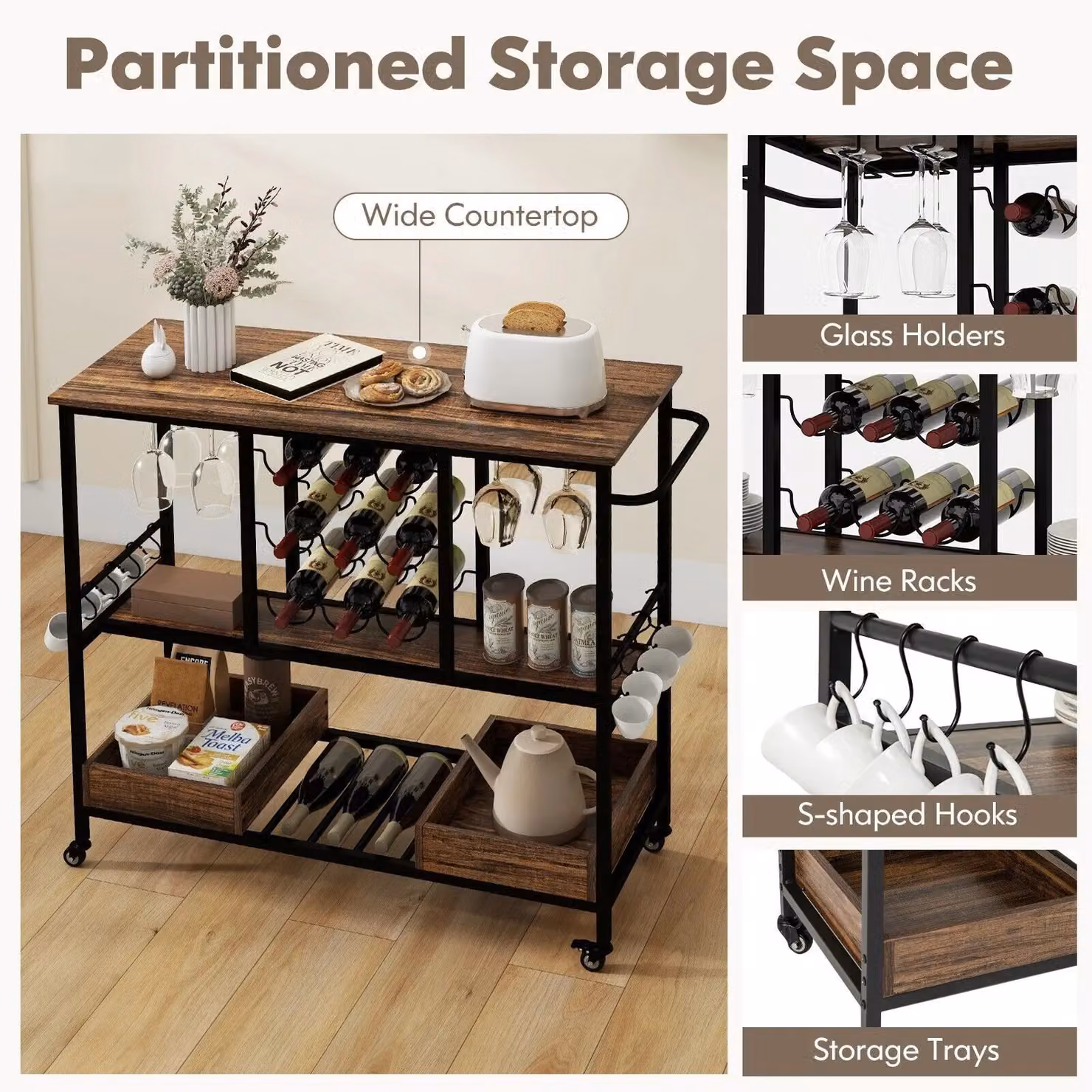 Costway 3 Tier Kitchen Bar Cart with Glass Racks in Brown – 4
