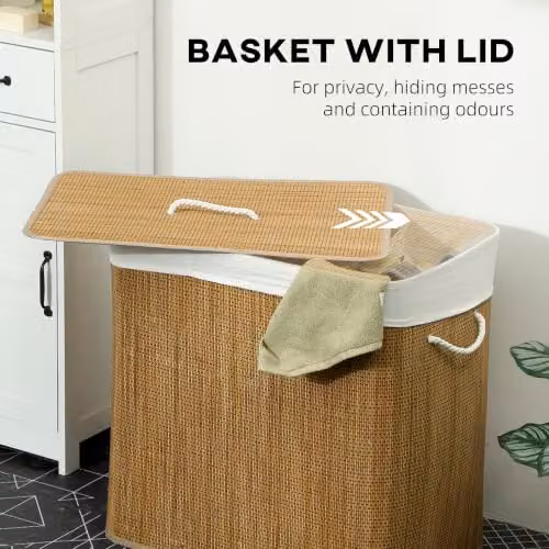 HOMCOM 144L 2-Section Laundry Basket with Lid and Handles, Brown – 3