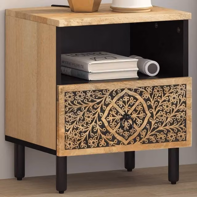 Berkfield Home Solid Mango Wood Bedside Cabinet in Brown, W/D/H: 40 x 33 x 46 cm