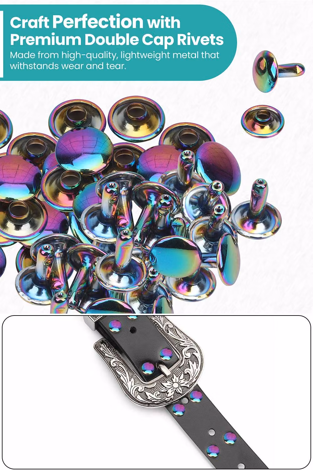 Neel Blue 8mm Rainbow Double Cap Tubular Metal Rivets and Studs – 3