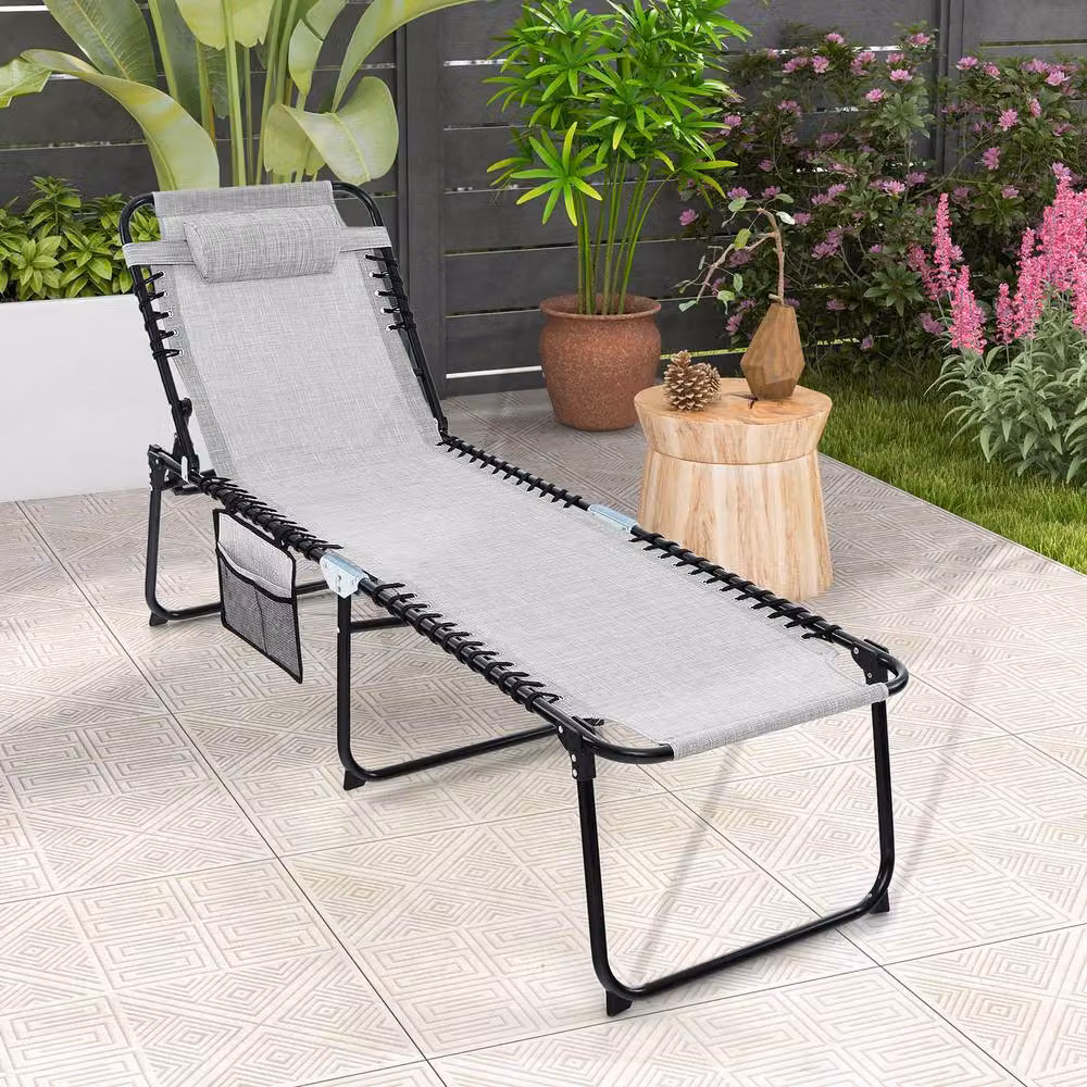 Costway Grey Folding Patio Chaise Lounge Chair with Adjustable Headrest and Textilene Fabric – 5