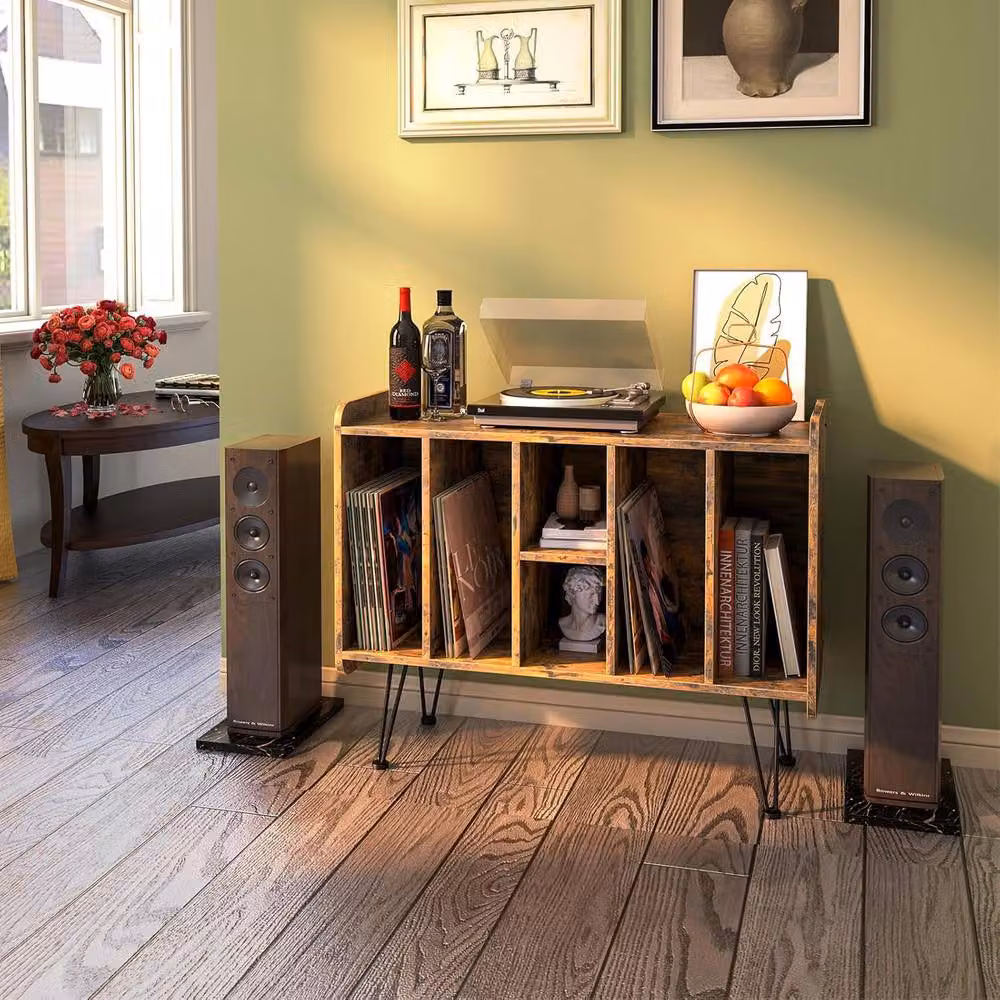 Huhote Brown Vinyl Turntable Stand with 3 Tier Storage Cabinet – 6