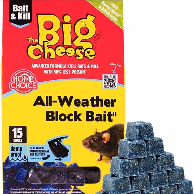 The Big Cheese All Weather Rat and Mouse Bait Blocks, 15 x 10g Cubes, Black