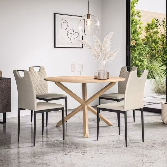 More4Homes Malvern Round Oak Effect Dining Table Set with 6 Monza Linen Chairs in Beige and Yellow