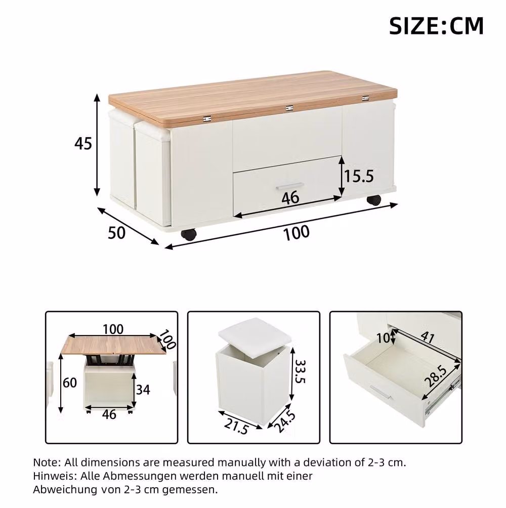STILVORA Modern White Square Coffee Table with Storage, Height Adjustable Lift Mechanism, Castors and 4 Stools – 2
