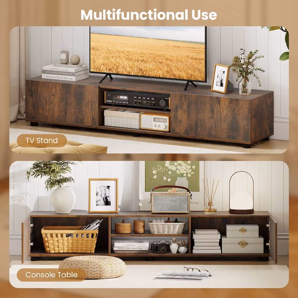 Costway Modern Minimalist TV Stand Entertainment Centre with 2 Doors in Brown – 7