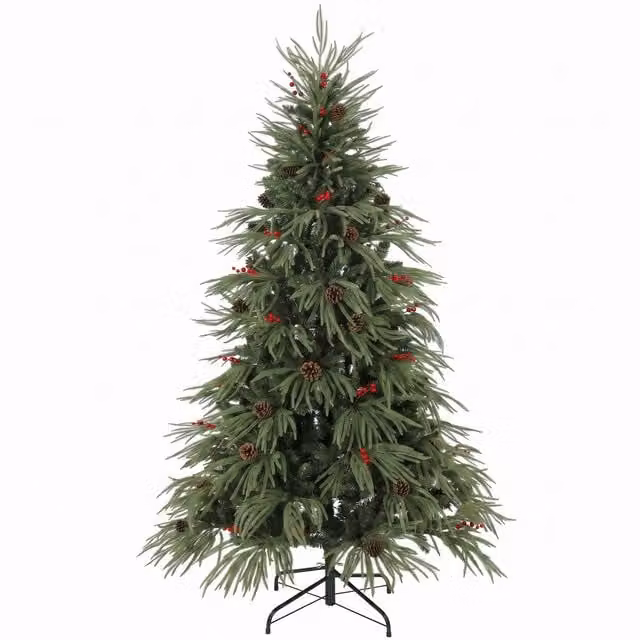 HOMCOM 6ft Green Artificial Christmas Tree with Pinecones, Red Berries and 2843 Branch Tips – 1