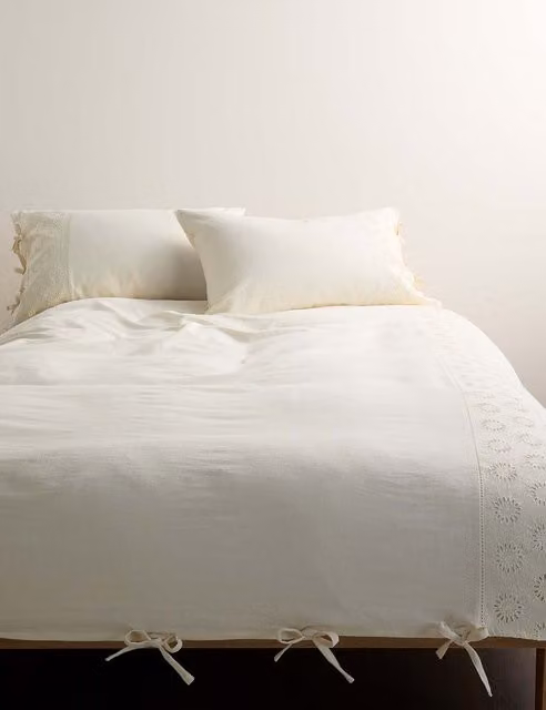 M&S Linen Rich Schiffli Embroidered Bedding Set, Ecru, W: 180 cm x L: 200 cm