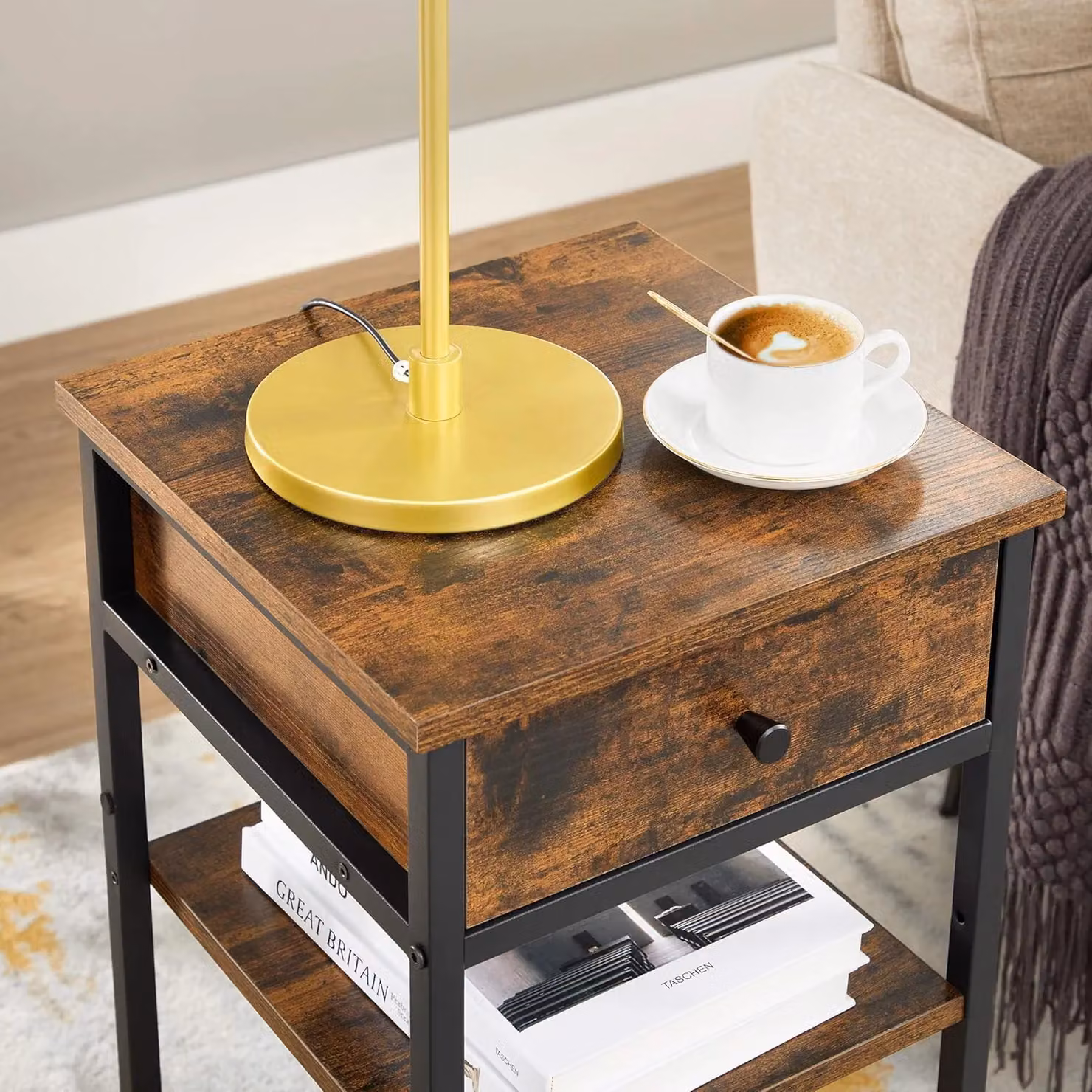 VASAGLE Industrial Bedside Table with Drawer and Storage Shelves in Brown – 5