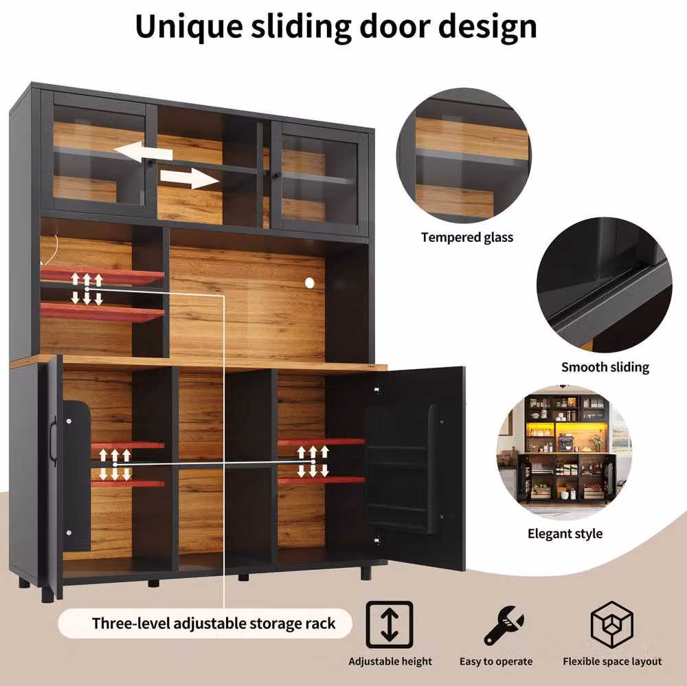 STILVORA Black Modern Freestanding Cabinet with LED Lighting and Sliding Glass Doors H 185.0 cm x W 140.0 cm – 7