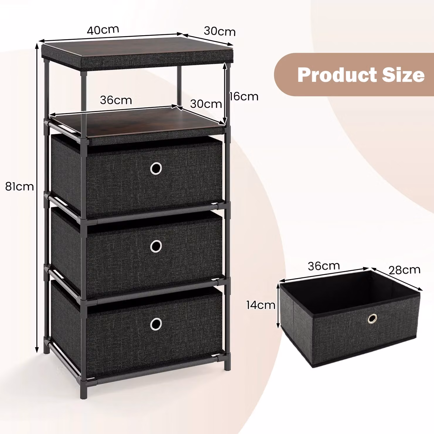Gymax Industrial Fabric Storage Tower with Wood Top, Black – 2