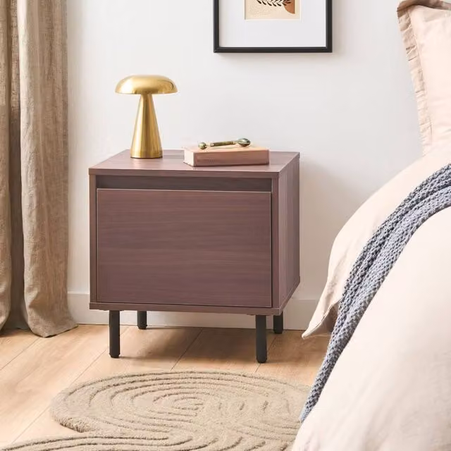 Wyld and Coco Dark Brown Bedside Table with One Drawer and Black Metal Legs