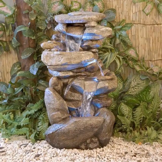 Primrose Thornton Hops 4 Tier Rock Pool Cascading Water Feature with Orange LED Lights in Brown