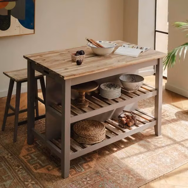 Florence Breakfast Bar with Shelves in Truffle Acacia Wood, W/D/H: 126 x 78 x 91 cm