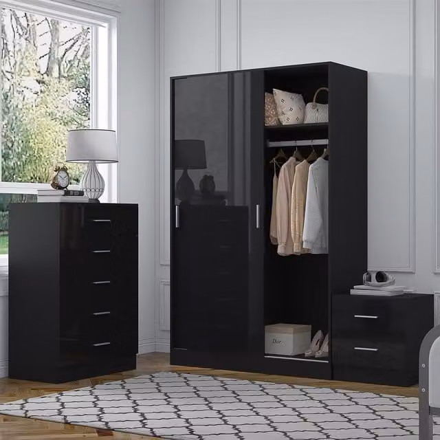 REFLECT Bedroom Furniture Bundle featuring Sliding Wardrobe, Tall Chest and Bedside Table in Black Gloss and Matt Black