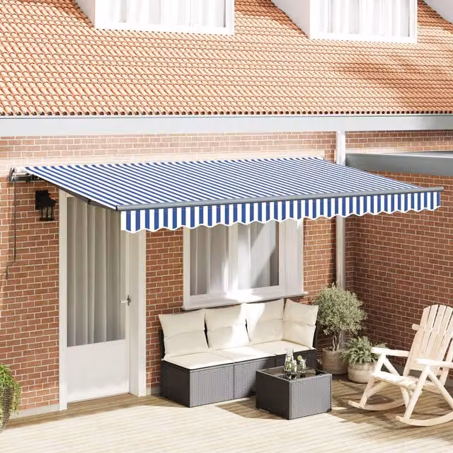 Berkfield Home Manual Retractable Wall-Mounted Folding Arm Awning in Blue and White, W: 350 cm, D: 200 cm – 1