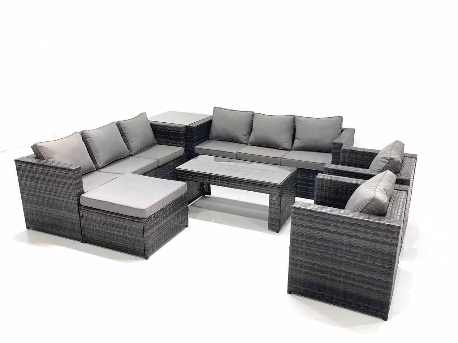 Fimous Rattan L-Shape Garden Furniture Set in Grey with Coffee Table, Armchair, Side Table and Ottoman – 2