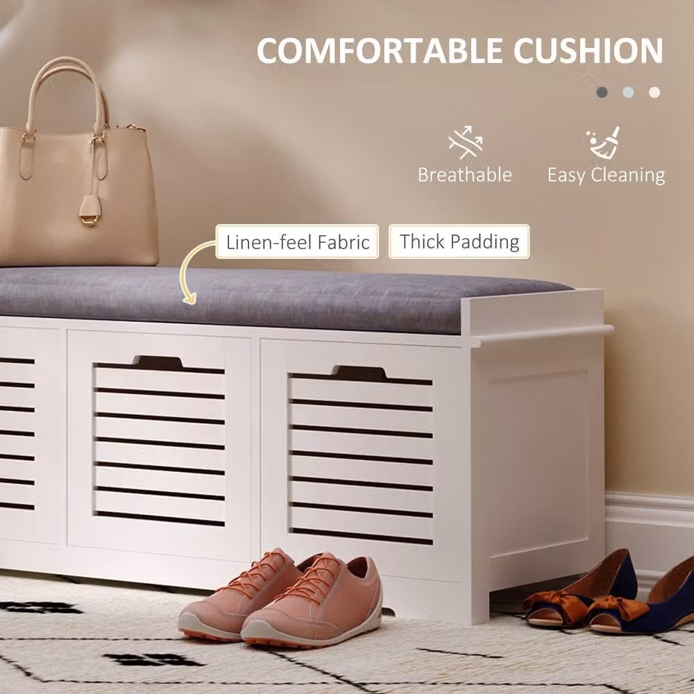 STILVORA Shoe Storage Bench with 3 Drawers and Grey Linen Seat in White – 4