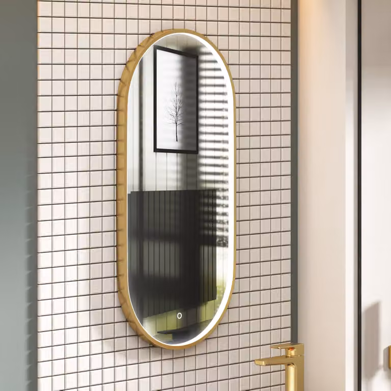 Royal Bathrooms Luxor Capsule Mirror in Gold with Brushed Brass Frame, LED Light, Touch Sensor and Demister Pad, W: 90 cm, H: 45 cm