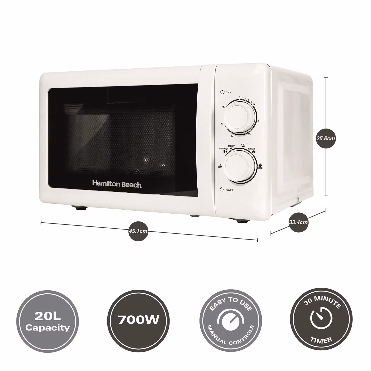 Hamilton Beach 20L Solo Manual Microwave in White with Stainless Steel Cavity and 700W Power – 5