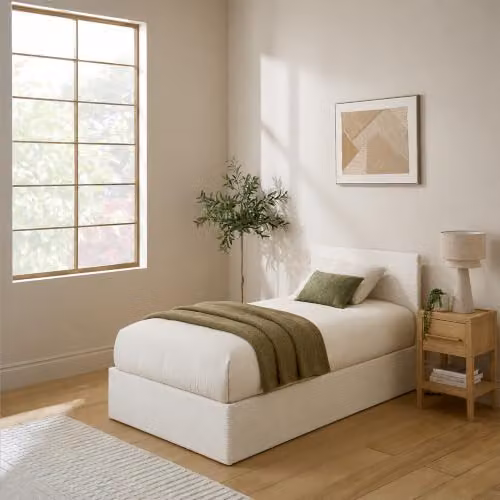 GFW Single End Lift Ottoman Storage Bed in Beige Corduroy Fabric, W/D/H: 90 x 202 x 84 cm