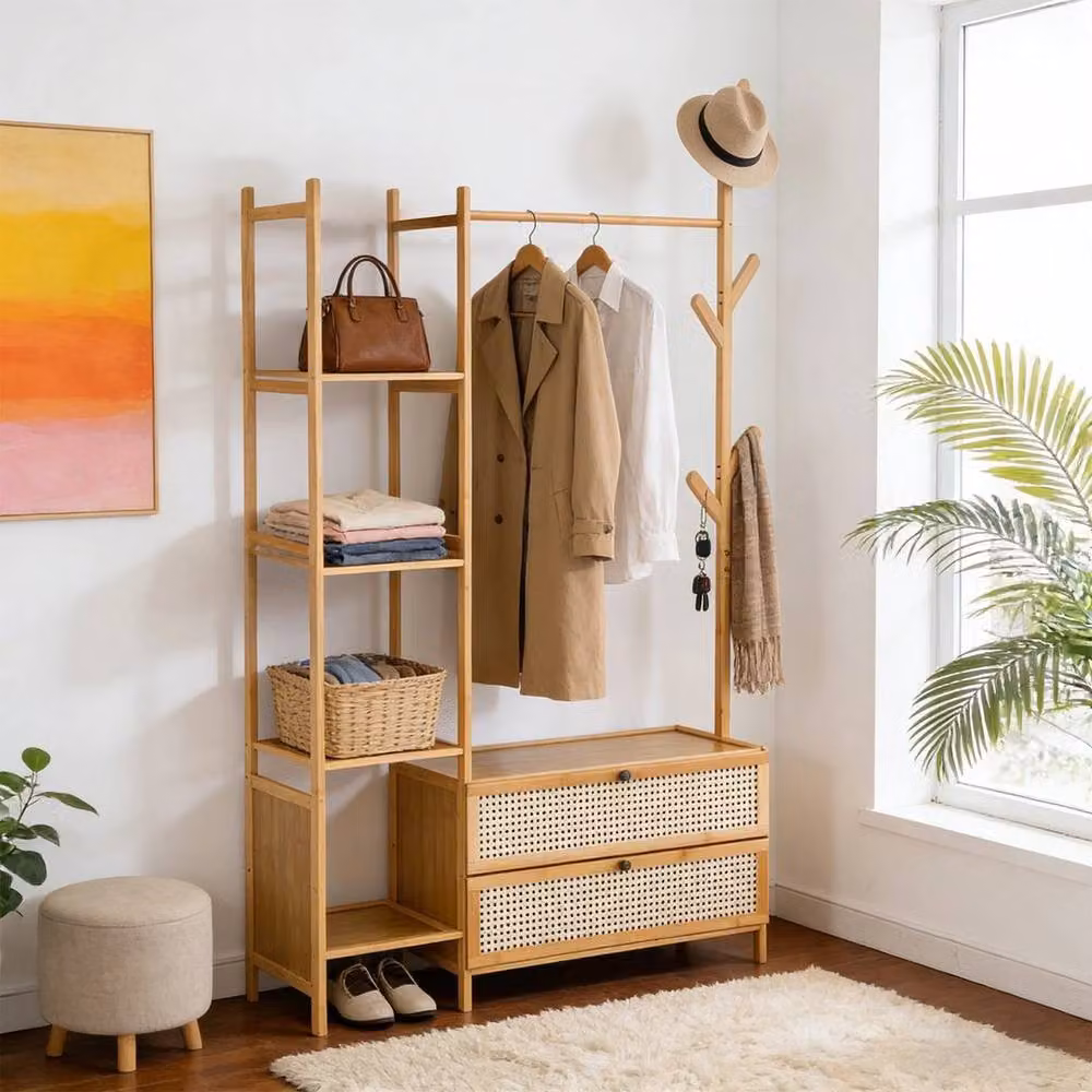 SPETLEK Scandinavian Open Wardrobe with Hanging Rod in Natural Wood and Rattan, H: 161.0 cm, W: 80.0 cm – 2